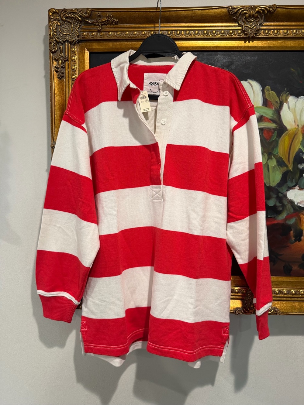 aerie oversized Red and White Striped Rugby Crewneck